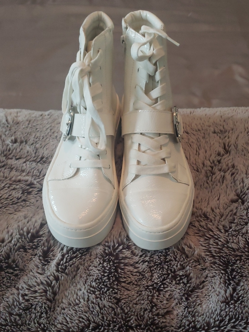 Gianni Bini White Patent Lace-Up Buckle High-Top Boots